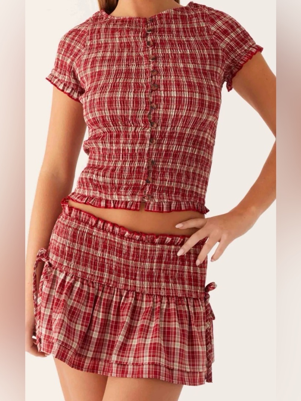Peppermayo 2 Piece Set! Red Plaid Smocked Skirt and Button Crop Top